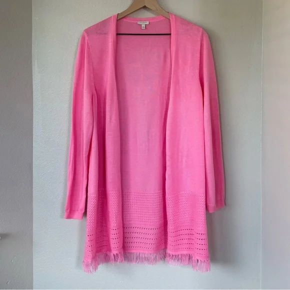 TALBOTS XL Textured Fringe Cardigan in Hot Pink • Open Front Spring Lightweight - Picture 3 of 10